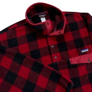 Patagonia Synchilla Pullover Men's Large Red Black Snap-T Fleece Buffalo Plaid